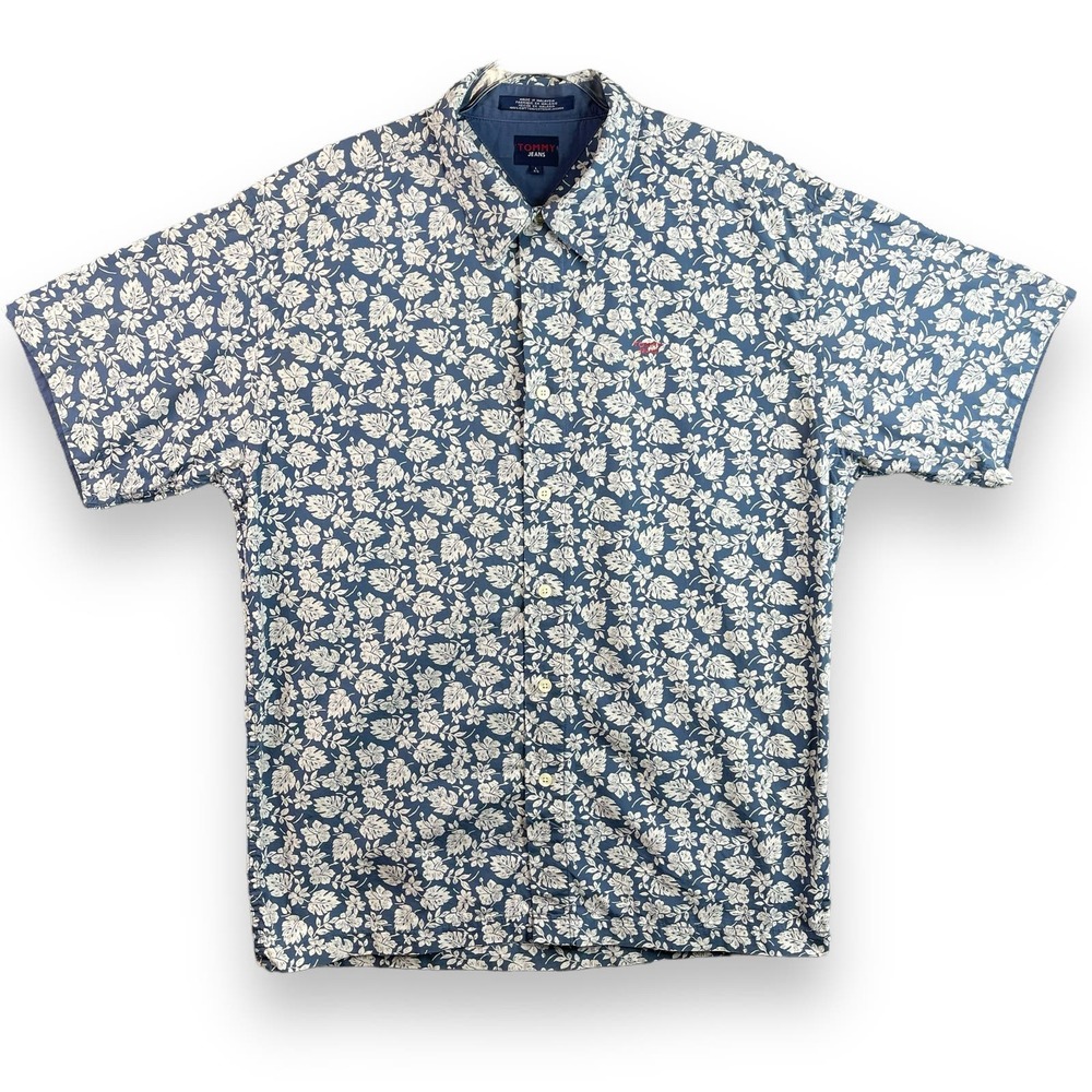 Tommy Jeans Mens Shirt Size Large Blue White Floral Cotton Hawaiian Button Up